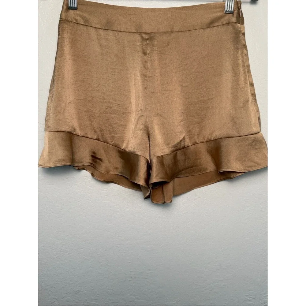 Aritzia Wilfred Arcadia Satin Shorts Size 4 Tan Ruffled Hem High Rise Glossy